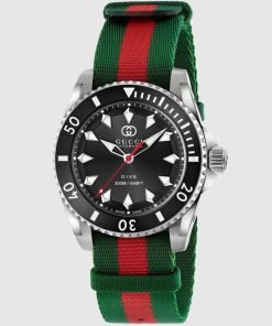 Gucci Dive Black Dial, Green and Red Nylon Strap Watch YA136364