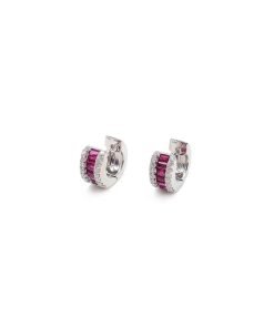 18K White Gold Diamond and Ruby Huggie Earrings