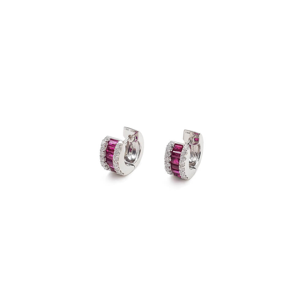 18K White Gold Diamond and Ruby Huggie Earrings