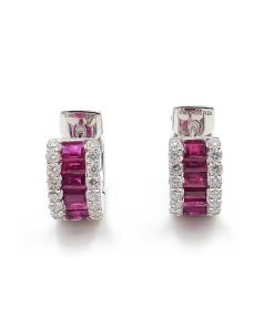 18K White Gold Diamond and Ruby Huggie Earrings