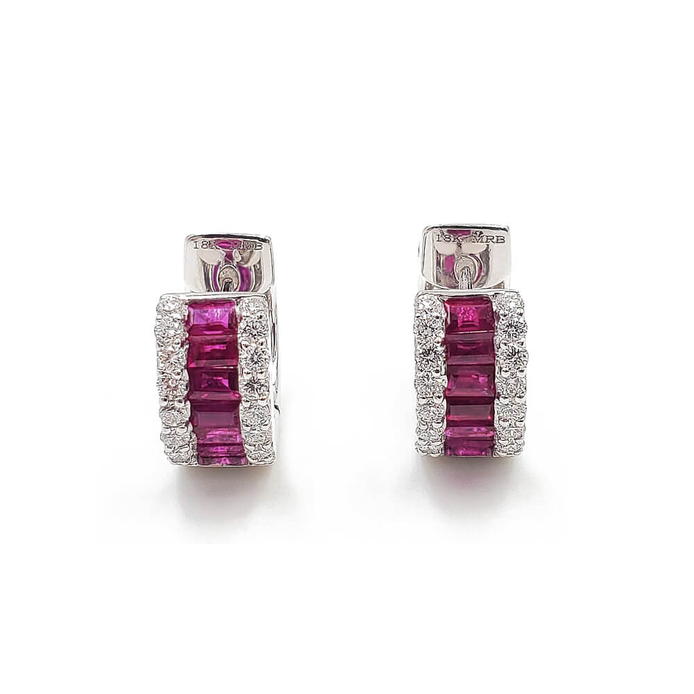 18K White Gold Diamond and Ruby Huggie Earrings