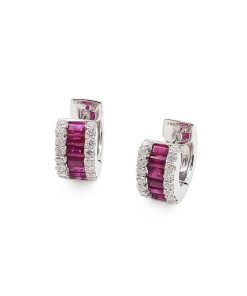 18K White Gold Diamond and Ruby Huggie Earrings