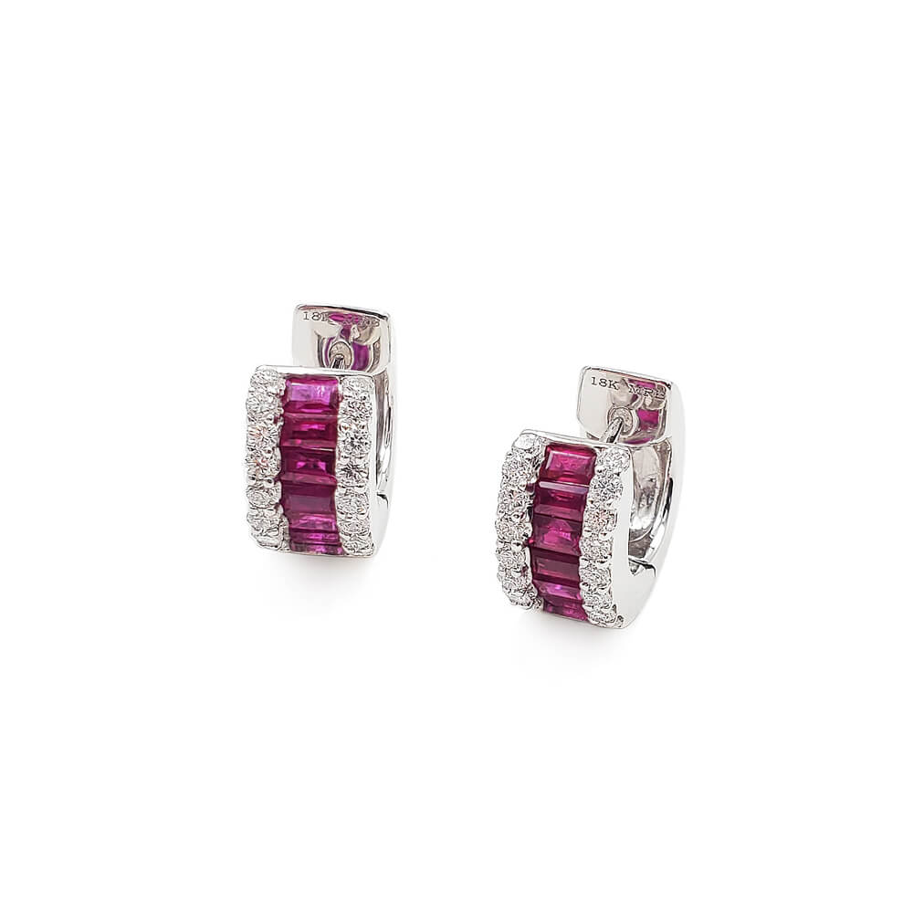 18K White Gold Diamond and Ruby Huggie Earrings