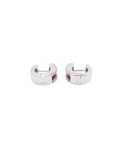 18K White Gold Diamond and Ruby Huggie Earrings