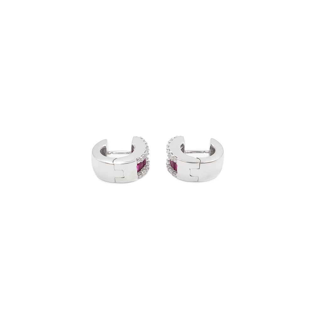 18K White Gold Diamond and Ruby Huggie Earrings
