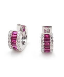 18K White Gold Diamond and Ruby Huggie Earrings