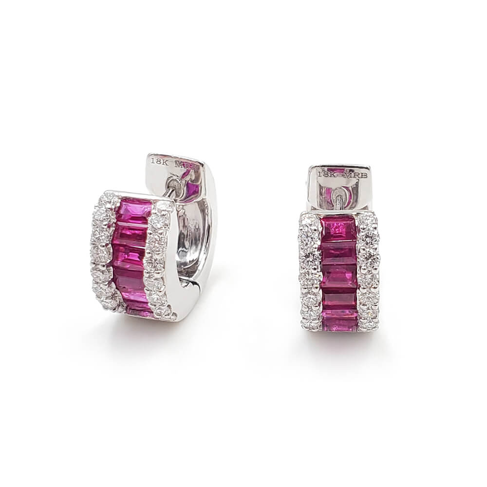 18K White Gold Diamond and Ruby Huggie Earrings