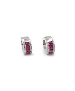 18K White Gold Diamond and Ruby Huggie Earrings
