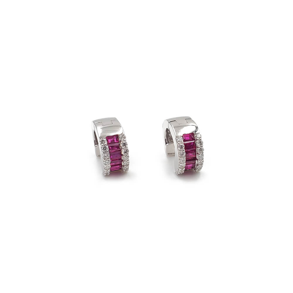 18K White Gold Diamond and Ruby Huggie Earrings