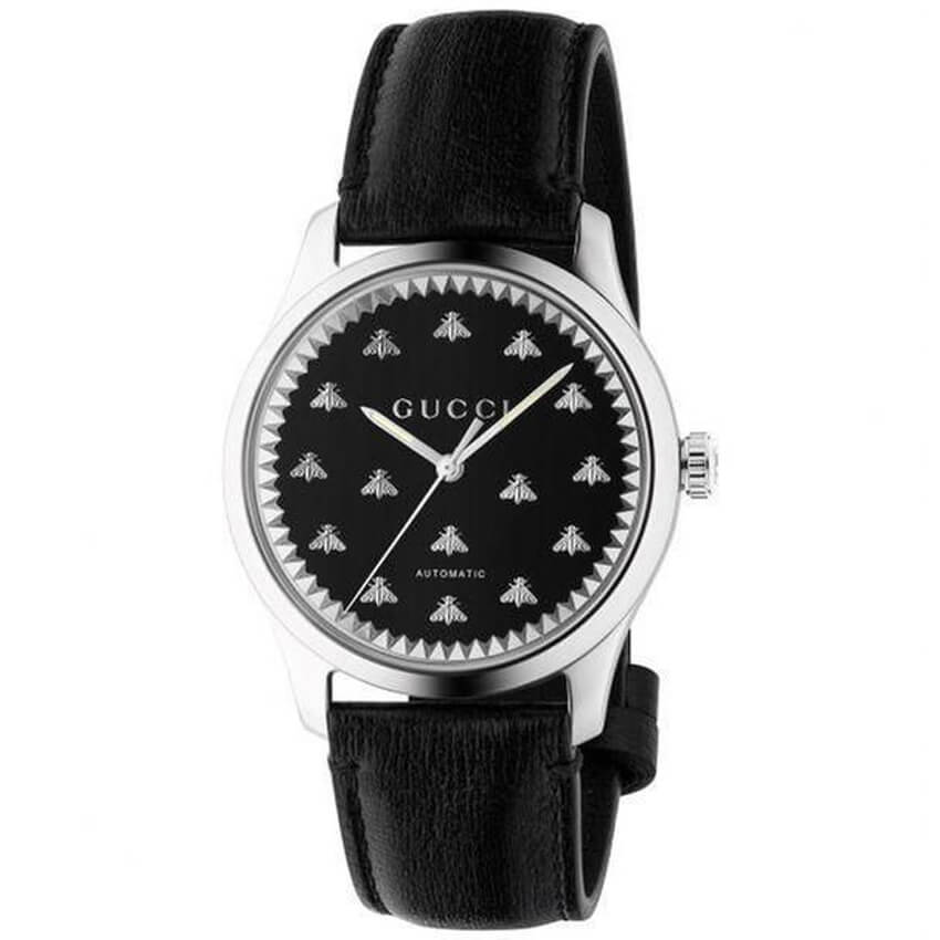 Gucci G-Timeless Signature Bee Black Dial Black Leather Strap Automatic Men's Watch YA126286