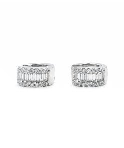 18K White Gold Baguette and Round Diamond Huggie Earrings