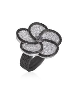 ALOR Cable Forget-Me-Not Black and White Diamond Flower Ring 02-52-FW01-11