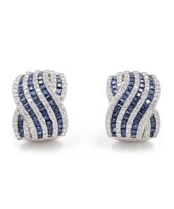 Ladies 18K White Gold Sapphire and Diamond J-Hoop Earrings