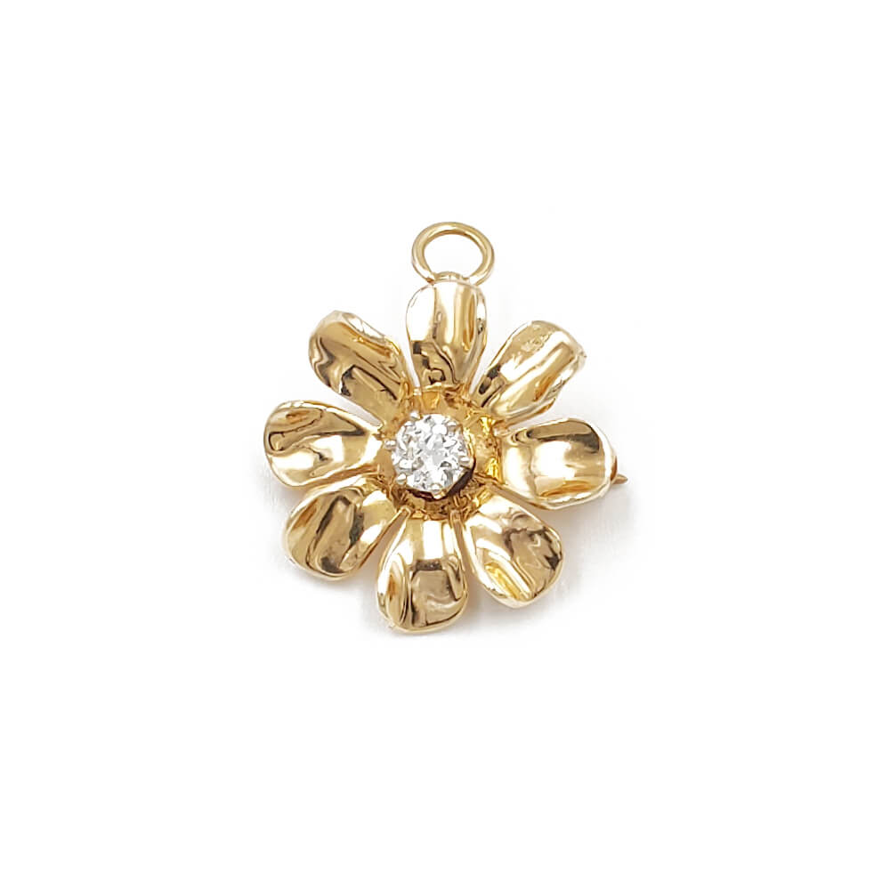 14K Yellow Gold Diamond Flower Design Pin / Pendant