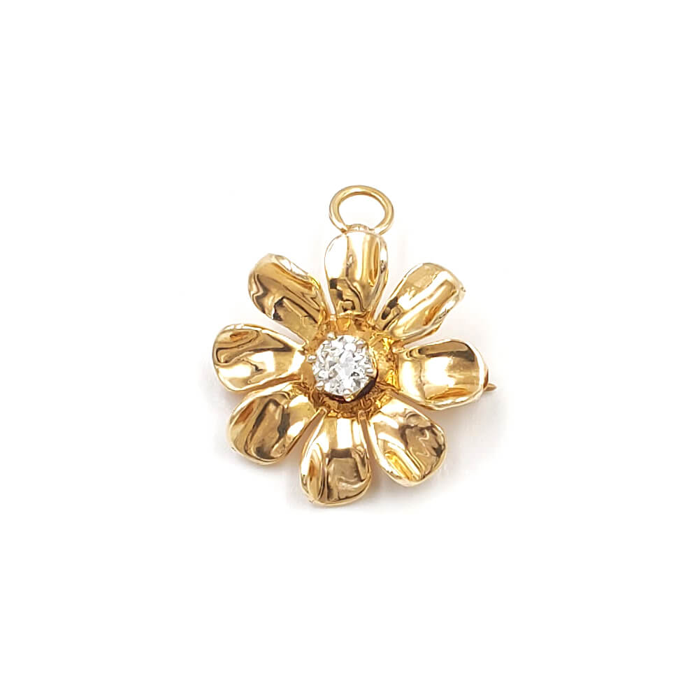 14K Yellow Gold Diamond Flower Design Pin / Pendant