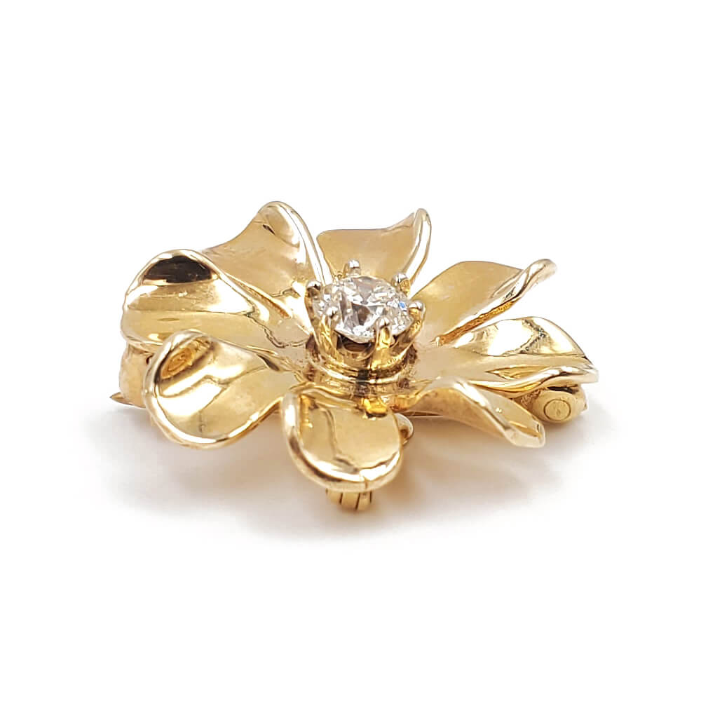 14K Yellow Gold Diamond Flower Design Pin / Pendant