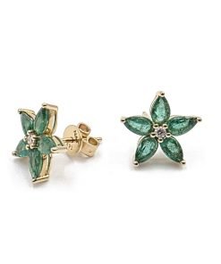 14K Yellow Gold Emerald and Diamond Flower Design Stud Earrings