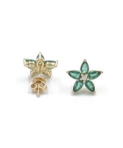 14K Yellow Gold Emerald and Diamond Flower Design Stud Earrings