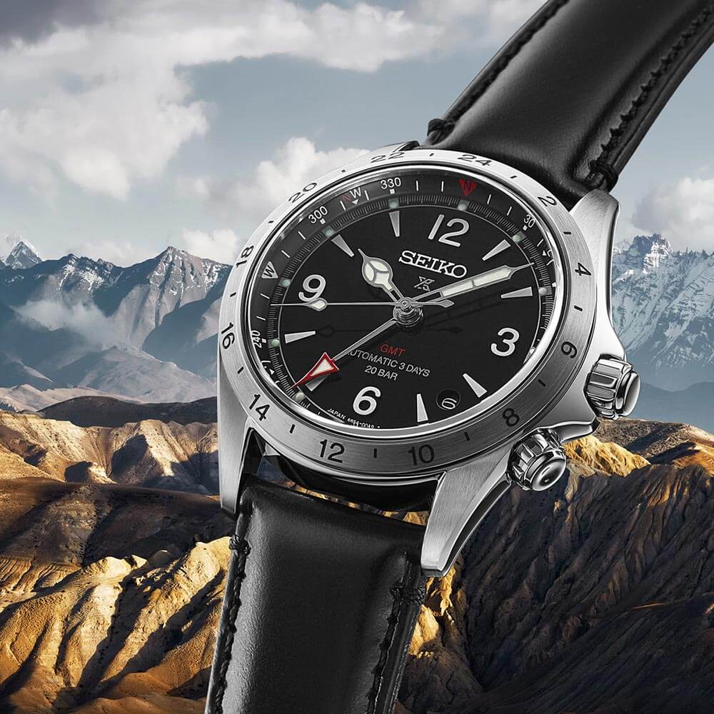 Seiko Prospex Alpinist GMT Black Dial Black Leather Strap Men's Watch SPB379