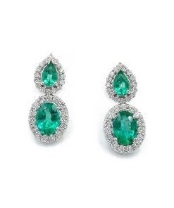 14K White Gold Diamond and Emerald Earrings