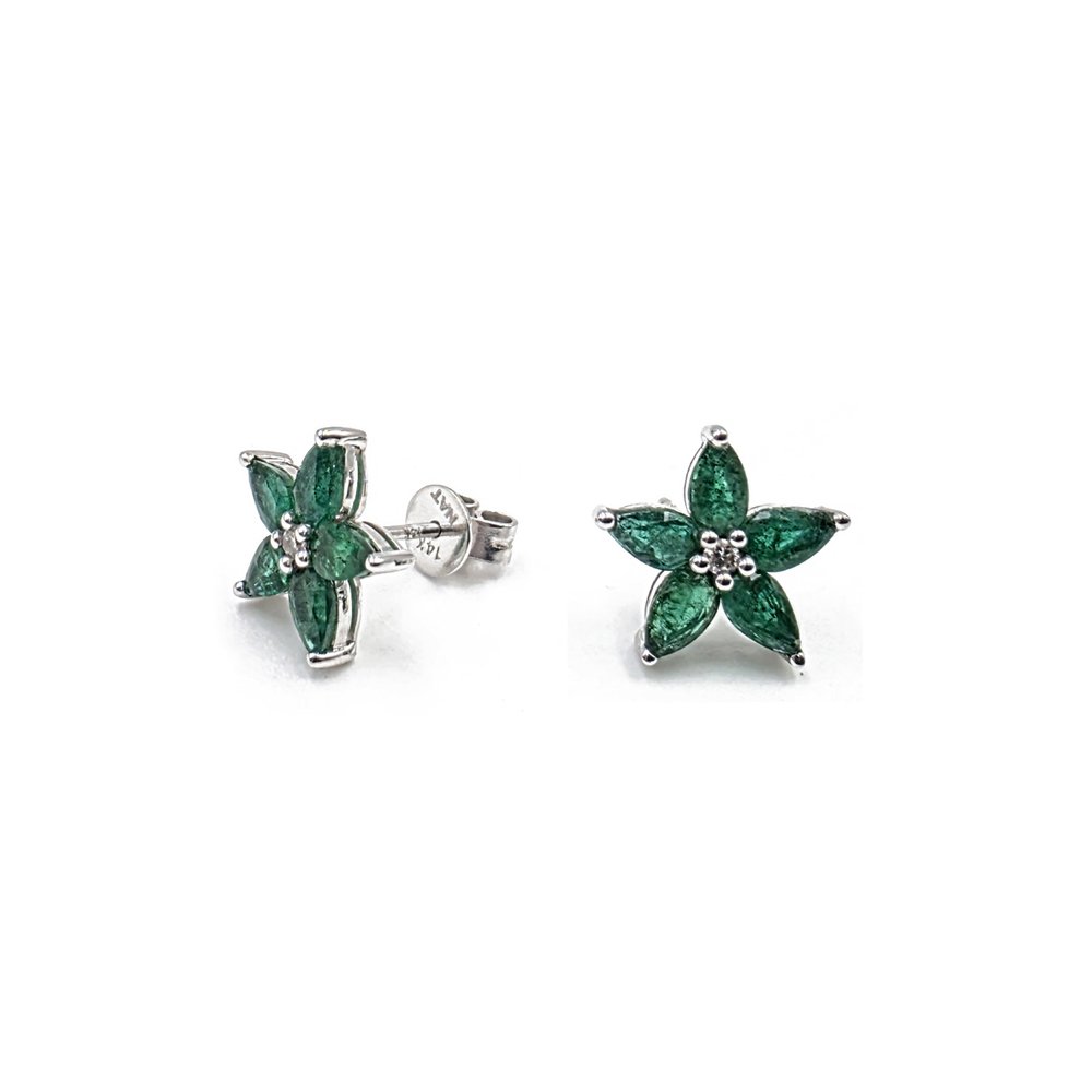 14K White Gold Emerald and Diamond Stud Earrings