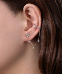 Gabriel 14K Yellow-White Gold Diamond Ear Cuffs and Quatrefoil Chain Earrings with Drops EG13814M45JJ