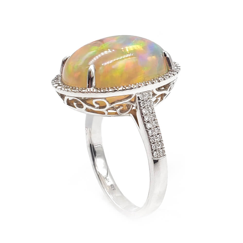 14K White Gold Diamond Opal Ring
