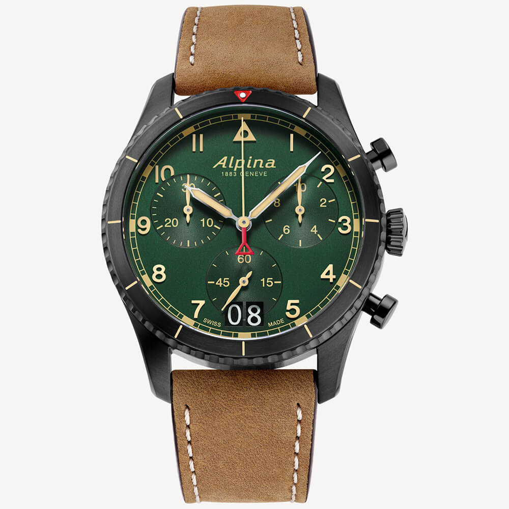 Alpina Startimer Pilot Chronograph Big Date Green Dial Brown Leather Strap Men's Watch AL-372GR4FBS26