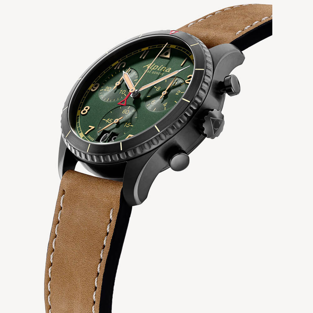 Alpina Startimer Pilot Chronograph Big Date Green Dial Brown Leather Strap Men's Watch AL-372GR4FBS26