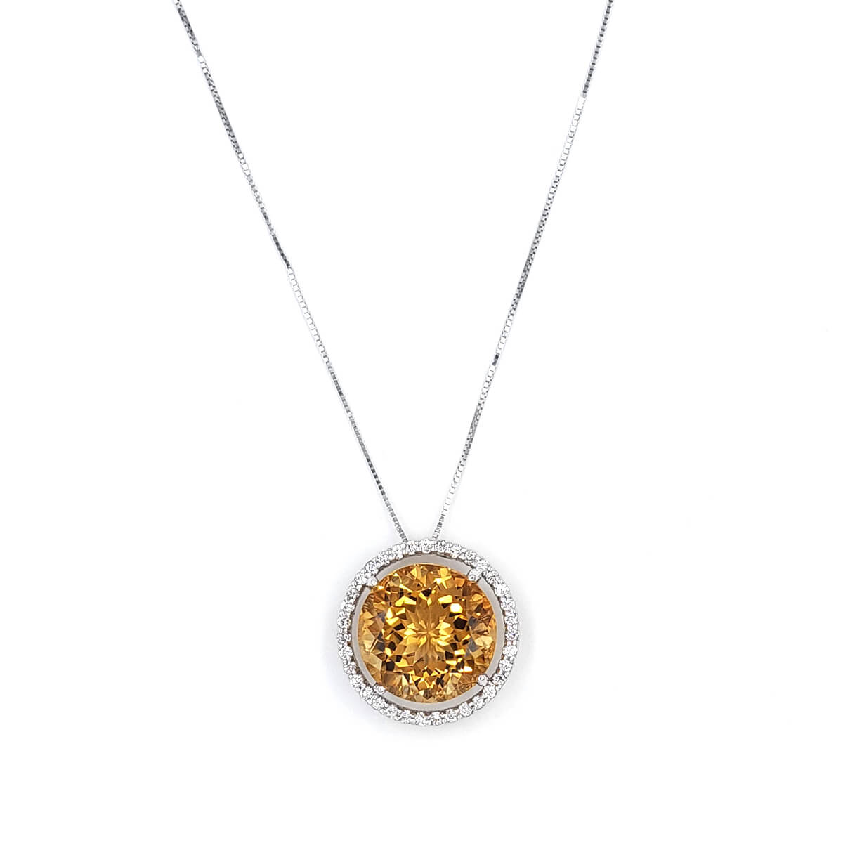 14K White Gold Diamond Citrine Pendant Necklace